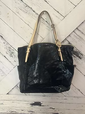 Michael Kors Black Python Snakeskin Embossed Leather Chain Tote Purse Hand Bag • $36