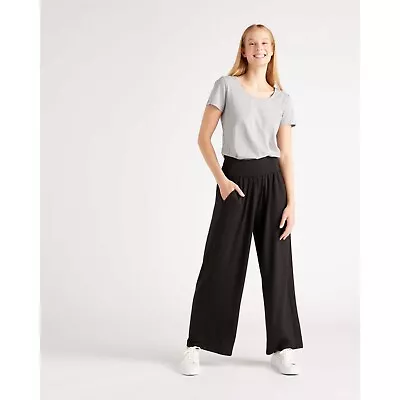 Quince Womens French Terry Modal Wide Leg Pant Fold Over Waistband Black L • $29.99