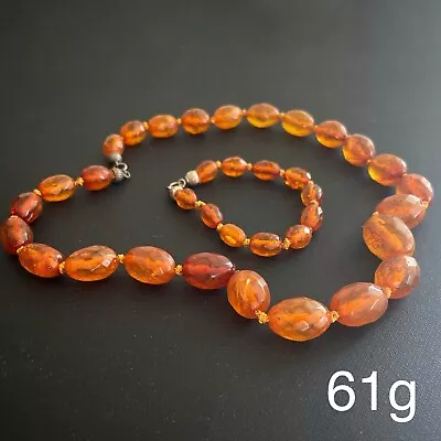 ANTIQUE NATURAL AMBER FACETED BEAD NECKLACE BRACELET FROM DENMARK 1950s #1866 • $690