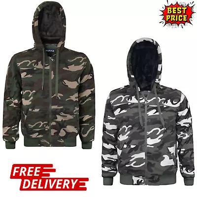 Men's Camouflage Full-Zip Hoodie Lined Fur Hooded Jacket Army Print Top  (679) • £23.99