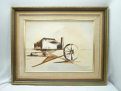Vintage ORIGINAL ARTWORK Painting Of AUSTRALIAN OUTBACK Shed Cart Wheel & Log • $179