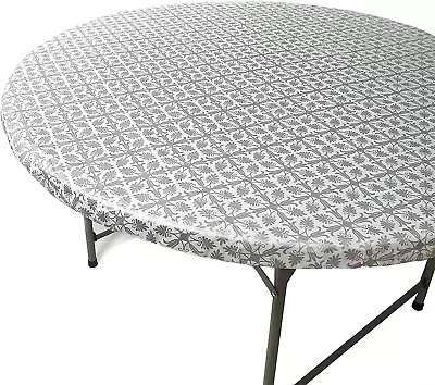 Fits Tables Up To 43  To 48  Inch Fitted Round Tablecloth Elastic Silver Pattern • $17.96
