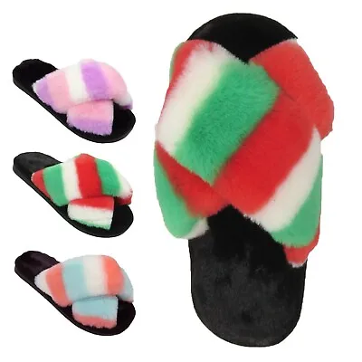  Ladies Furry  Slippers Kids Fur Sliders Fluffy Cross Over Peep Toe Mules Winter • £3.67
