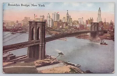 Brooklyn Bridge Over East River Boats New York City NY Vintage Unposted Postcard • $4.95