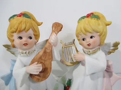 Homco Angel Figurine Christmas Vtg Lute Harp Lyre Music Holly Girls 2pcs • $8.25