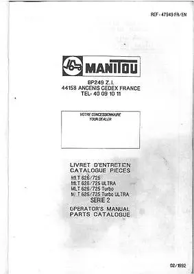 Manitou Maniscopic Telehandler Mlt 626 725 Turbo Ultra Operators & Parts Manual • £29.99