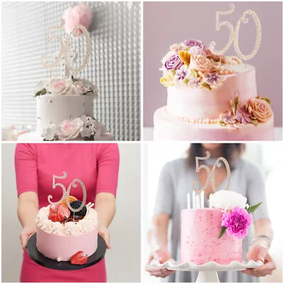 Crystal 50th Birthday Cake Topper With Rhinestone Gold Candles-LJ • £9.59