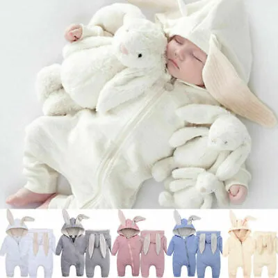 Baby Boy Girls Easter Rabbit Bunny Costumes Fleece Romper Ears JumpsuitClothing • £11.17