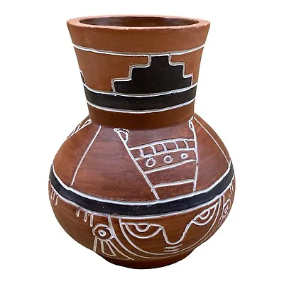 Vintage Mexico Aztec Mayan Vessel Hand Painted Terracotta Vase 4 1/2” • $24.99