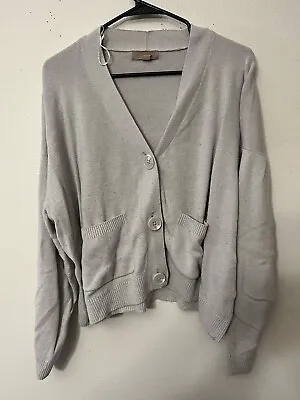 H&M Womens Cardigan Sweater Sz L Beige Big Button Chunky Knit Heavy Deep V Neck • $8.50