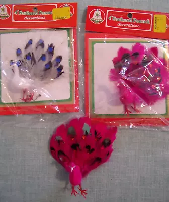 3 Vintage FLOCKED & FEATHER PEACOCKS Christmas Ornaments Sequins New • $18