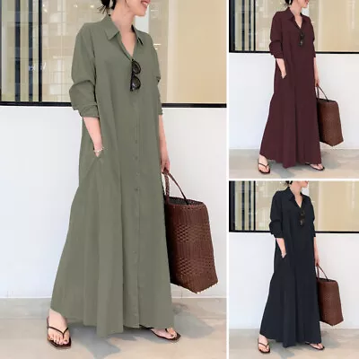 US STOCK Women Linen Cotton Casual Loose Split Hem Kaftan Long Maxi Shirt Dress • $20.94