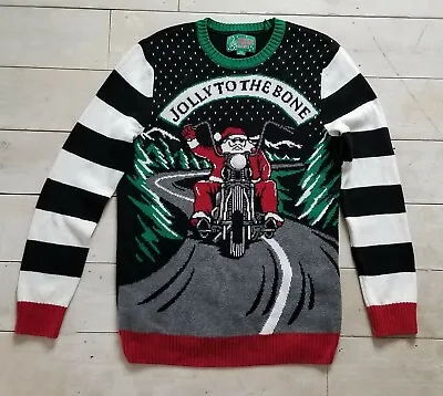 Men's Light-up Ugly Christmas Sweater Jolly To The Bone Size M Santa On A Hog • $18.95