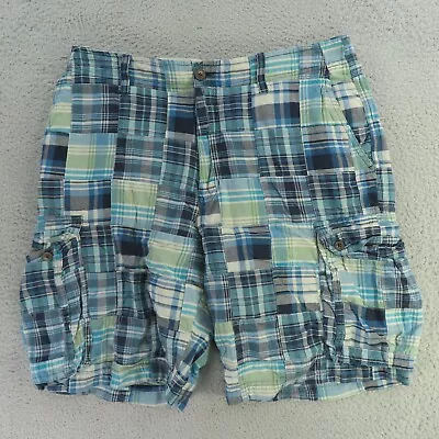 J Crew Shorts Mens 34 Blue Green Plaid Patchwork Indian Madras Flat Front Cargo • $24.95