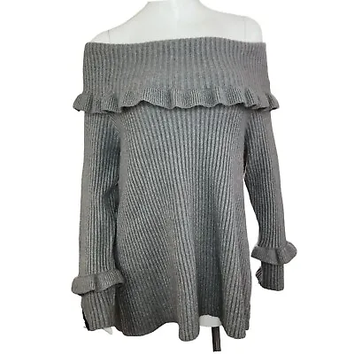 Lane Bryant Womens 18/20 Gray Off-The-Shoulder Ruffle Sweater Pearl Velvet Cuff • £19.28