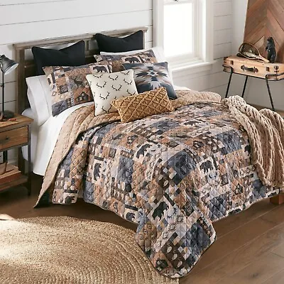 Donna Sharp Kila Lodge Cozy Cabin Rustic Bear Moose Brown 3-Pc Quilt Set & Throw • $79.95