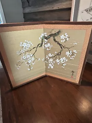 Vintage Japanese Byobu Silk Table Screen 2 Panel Hand Painted SIGNED 18 X24  • £154.31