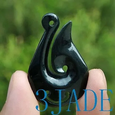 Natural Black Nephrite Jade Fish Hook Hei Matau Pendant NZ Maori Style Carving • $29.99