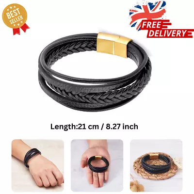 Mens Bracelet Leather Black Wristband Stainless Steel Clasp Jewellery Gift UK • £7.98