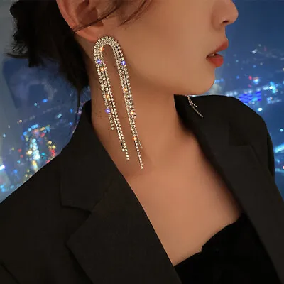 $2.84 • Buy Women Crystal Rhinestone Long Tassel Drop Dangle Stud Earrings Wedding Jewelry
