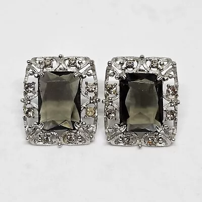 VTG Sarah Coventry Silvertone Large Faceted Smoky Crystal Green Clip On Earrings • $29.95