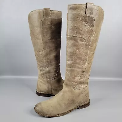 FRYE 77534 Paige Tall Riding Boot Burnished Distressed Taupe Tan Grey Size 6.5 B • $40