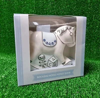 Blue White Ceramic Rocking Horse Money Box New Born Christening Gift • £9.99