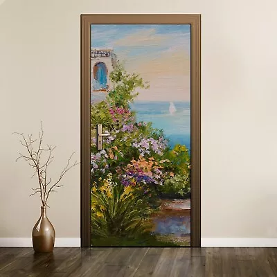 £48.95 • Buy Removable Door Sticker Mural Decal Oil Painting Flowers Sea Sky Picture