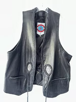 Men's VINTAGE Renegade Ren Ellis Black Leather Biker Vest Horned Toad Conchos 42 • $89.99