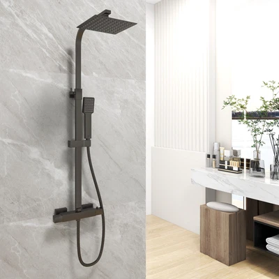 £49 • Buy Thermostatic Mixer Shower Set Round Black&Silver Finish Twin Head Exposed Valve