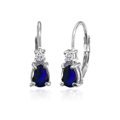 Silver Created Blue Sapphire And White Topaz Teardrop Huggie Leverback Earrings • $16.99