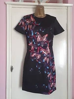 Ladies Dress Size 8 Black Butterfly Pattern Satin LookBy Warehouse Spotlight Bx1 • £10.49