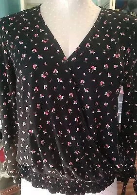 Michael Kors Black Floral Blouse With Crossover And Elastic Waistband • $8.50