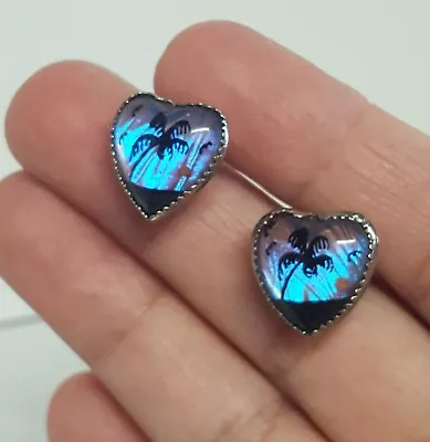 Butterfly Wing Sterling Silver Heart Earrings Vtg Palm Tree Sunset Screw Backs • $24.95