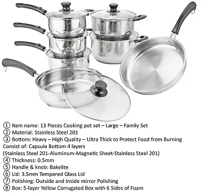 Cooking Pots Set Stainless Steel Ultra Thick 4 Layers Glass Lid Mirror Finish • $94.88