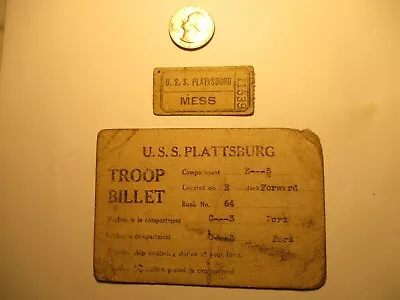 WWI USS Plattsburg Troop Billet Card And Mess Ticket • $24.99