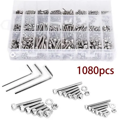 1080Pcs M2 M3 M4 Screw Bolts Nuts & Washer Set Hex Head Cap Stainless Steel Kit • £12.99