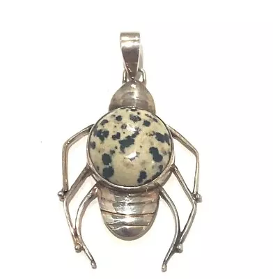 Vintage Sterling Silver Scarab Beetle Dalmation Stone 51mm Pendant • $19.42