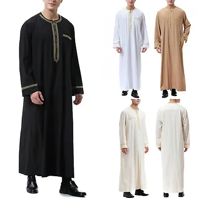 Mens Jubba Kaftan Dishdash Thobe Saudi Arab Muslim Long Sleeve Maxi Robe New • £13.96