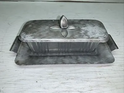 Vintage Hammered Aluminum Tray & Flower Lid W/Ribbed Glass Butter Dish • $15.50