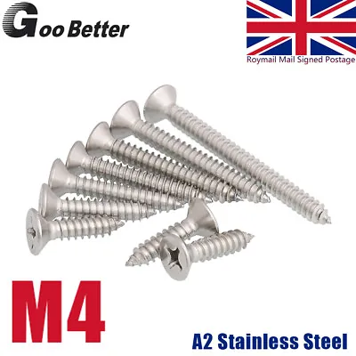 M4 4mm Countersunk Self Tapping Screws Chipboard A2 Stainless Steel 304 Wood • £1.80