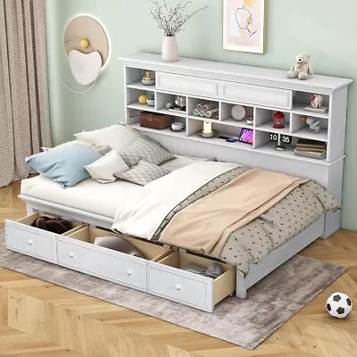Twin Size Wood Daybed With Multi-Storage Shelves And 3 Drawers Antique White • $462.60