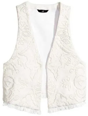 H&M | Boho White Embroidered Flower & Fringe Open Vest Women’s Size Medium • $19