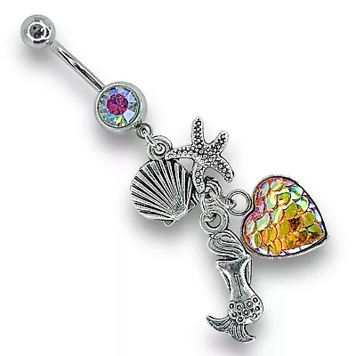 14g Aurora Borealis Cz Dangle Mermaid Starfish Shell Heart Scale Belly Ring B465 • $9.99