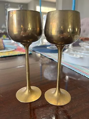 Vintage Set Of 2 8” Tall Solid Brass Wine Goblets Chalis Made In India • $19.99