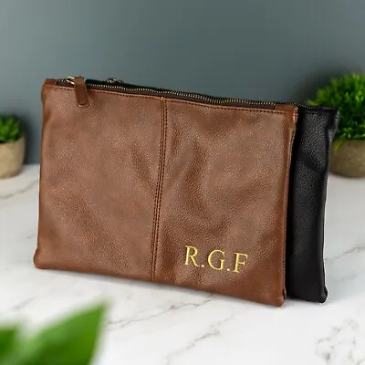 Personalised Mens Leather Accessory Pouch Bag Black Or Tan - Flat WASH Bag • £9.99