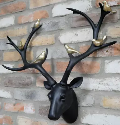 £68 • Buy Wall Mounted Black Stag Head Gold Birds Wall Decoration Deer Antler Sculpture