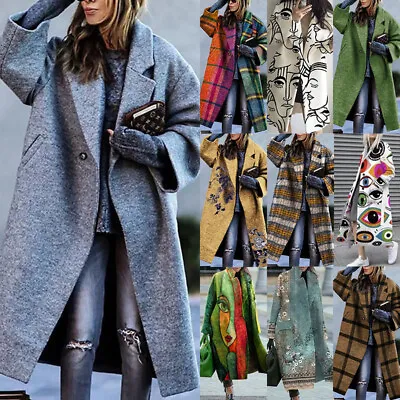 Womens Wool Coat Overcoat Button Up Ladies Long Sleeve Print Jacket Coat Parka • $58.99