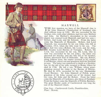 Maxwell. Scotland Scottish Clans Tartans Arms Badge 1963 Old Vintage Print • $11.37