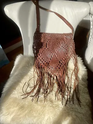 Vtg Rare Moroccan Woven Like Wicker Tassles Brown Leather Large Bag  (unisex) • $249.99